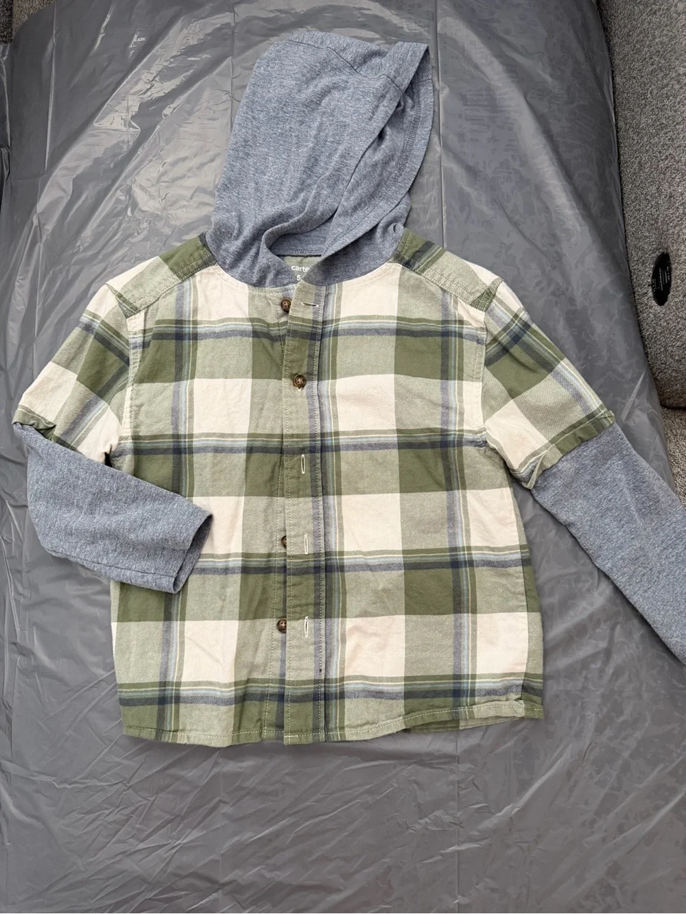Carter's Olive & Cream Plaid Hooded Button-Down Shirt